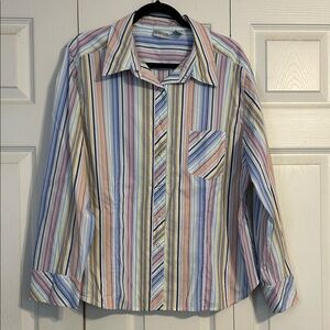 CHICO'S Size 3 X-Large Colorful Striped Button-Down Shirt Snap Front Long Sleeve